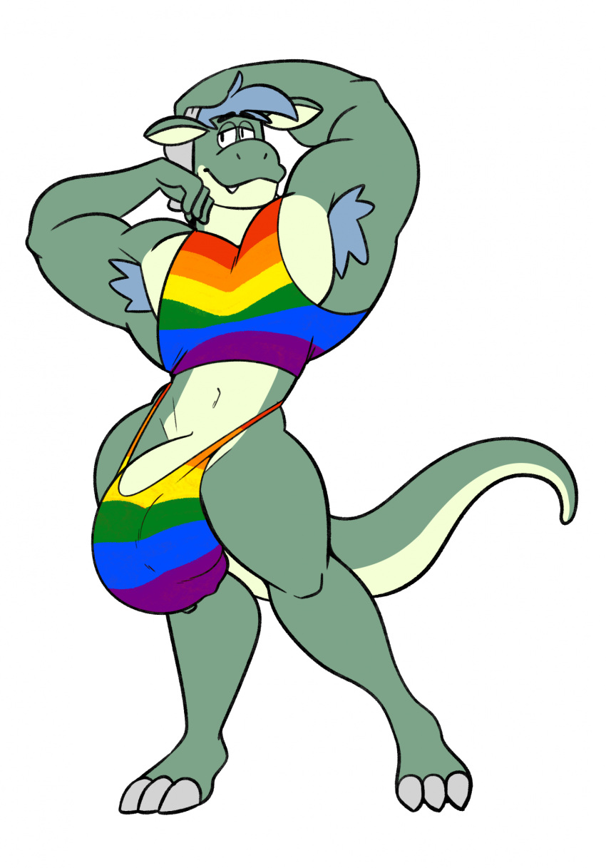 anthro big_bulge bulge clothing colelucario dragon genitals hi_res male multicolored_clothing muscular muscular_male penis rainbow_clothing simple_background solo white_background