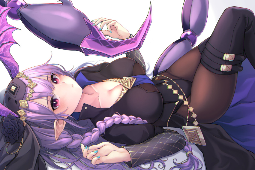 1girl aqua_nails arknights belt black_footwear black_shirt black_veil bodystocking boots braid breasts bright_pupils cleavage feet_out_of_frame gold_trim hands_up head_wings highres knee_boots large_breasts long_hair looking_at_viewer lying manticore_(arknights) manticore_(under_a_veil)_(arknights) nail_polish nameko_houshi official_alternate_costume on_back pink_eyes pointy_ears purple_hair scorpion_tail shirt simple_background solo tail veil white_background white_pupils wings