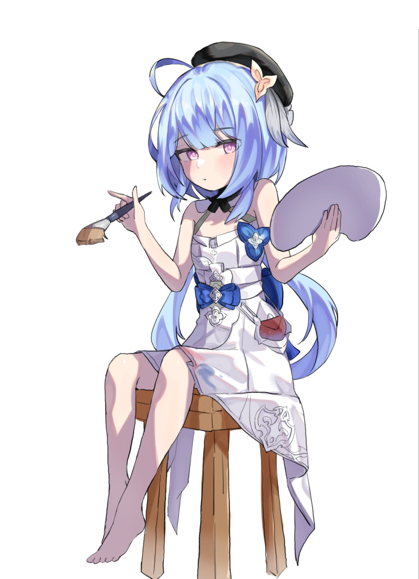 1girl ahoge bare_arms bare_shoulders barefoot beret black_headwear blue_hair closed_mouth commentary dress full_body griseo hat highres holding holding_paintbrush honkai_(series) honkai_impact_3rd jambujok long_hair paintbrush palette_(object) purple_eyes simple_background sitting solo stool very_long_hair white_background white_dress