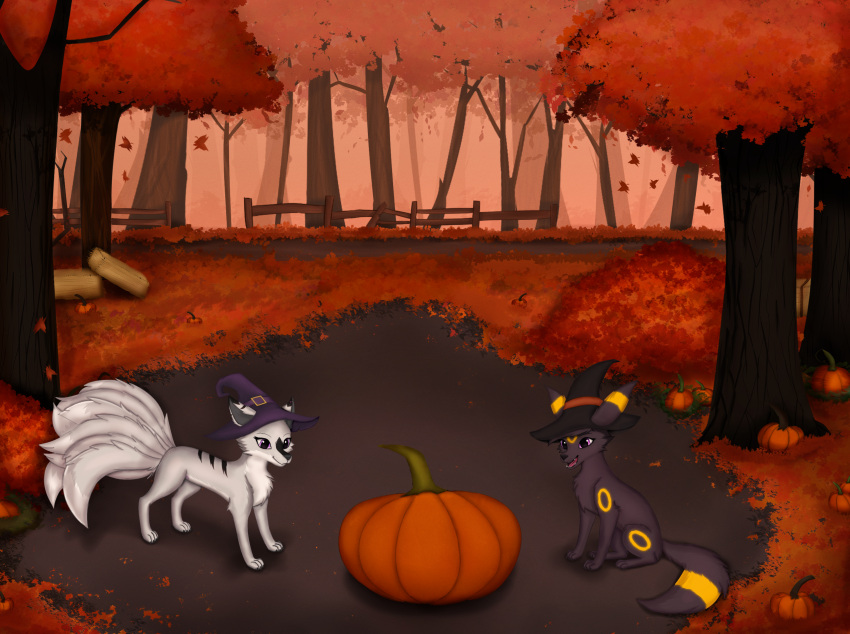 autumn canid canine clothing duo eeveelution fan_character female female/female feral food fox fruit fur generation_2_pokemon hat headgear headwear hi_res joeumbre kate_(lunarbloodwolf) mammal markings nintendo plant pokemon pokemon_(species) pumpkin rita_(joeumbre) tail tattoo tree umbreon witch_hat