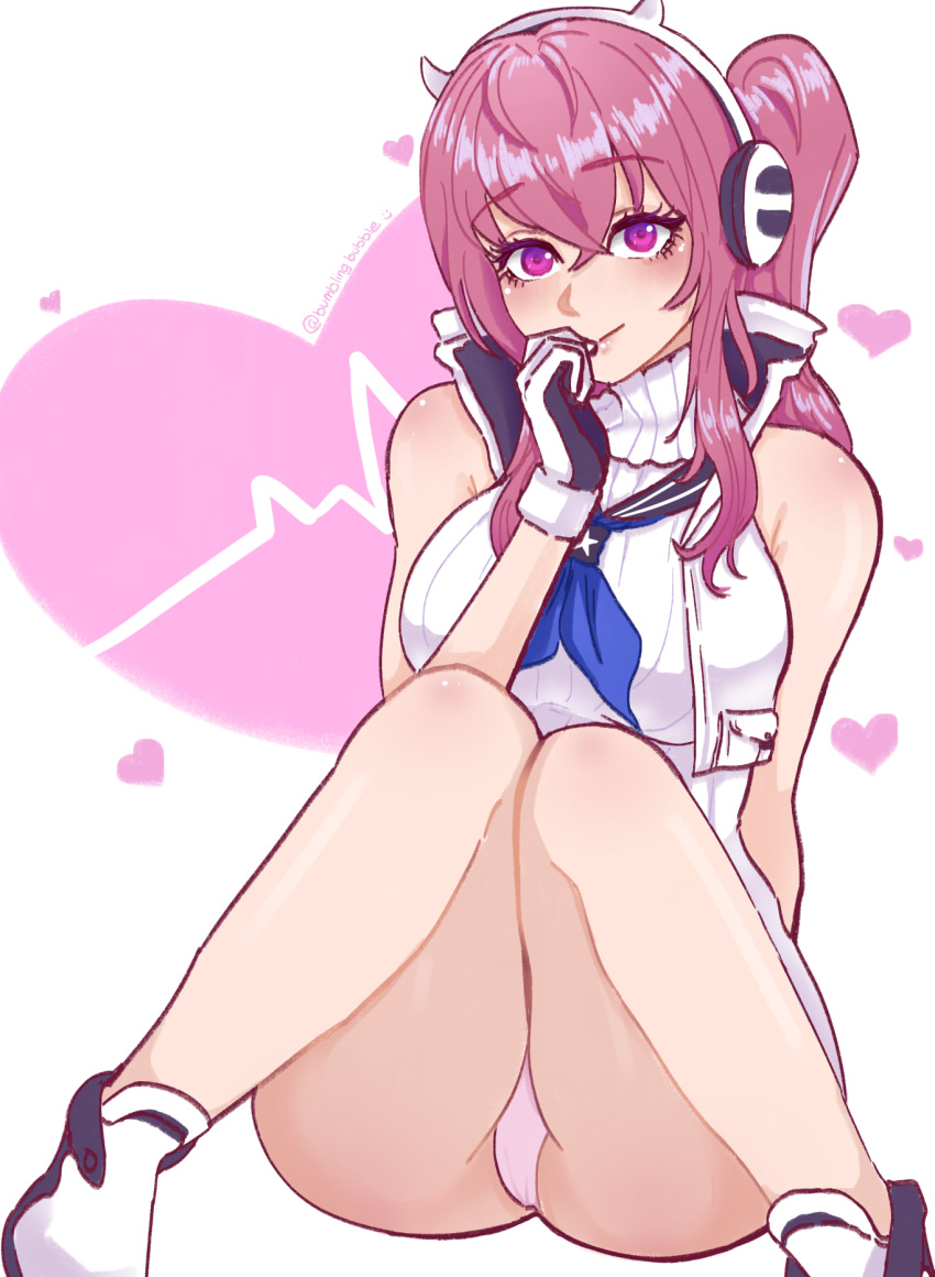 1girl animal_ear_headphones animal_ears bare_shoulders blush breasts bumblingbubble closed_mouth cropped_jacket fake_animal_ears gloves goddess_of_victory:_nikke headphones heart highres jacket knees_together_feet_apart looking_at_viewer panties pantyshot pepper_(nikke) pink_eyes pink_hair ribbed_sweater sailor_collar short_hair_with_long_locks side_ponytail sitting sleeveless solo sweat sweater thighs turtleneck turtleneck_sweater underwear white_gloves white_jacket white_panties white_sweater