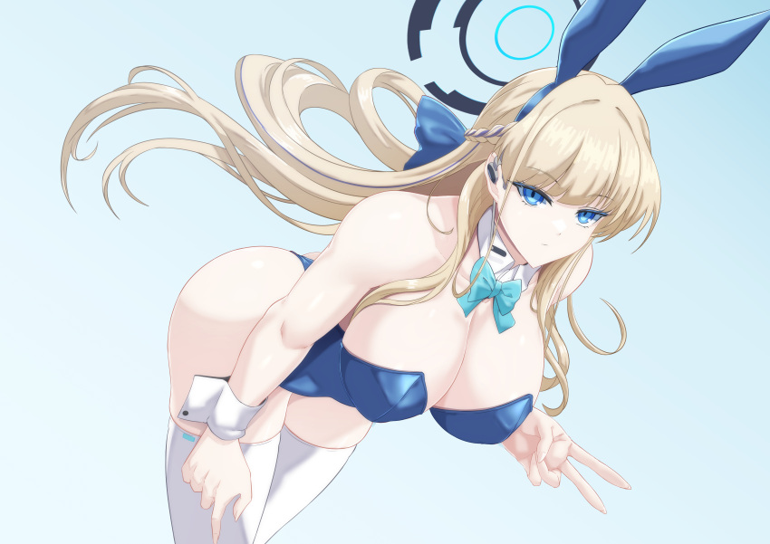 1girl absurdres animal_ears bare_shoulders blonde_hair blue_archive blue_eyes blue_leotard blush breasts cleavage detached_collar earpiece fake_animal_ears fake_tail hair_ribbon highleg highleg_leotard highres large_breasts leotard long_hair looking_at_viewer official_alternate_costume playboy_bunny rabbit_ears rabbit_tail ribbon solo strapless strapless_leotard tail toki_(blue_archive) toki_(bunny)_(blue_archive) torahime_(roland00) v very_long_hair wrist_cuffs