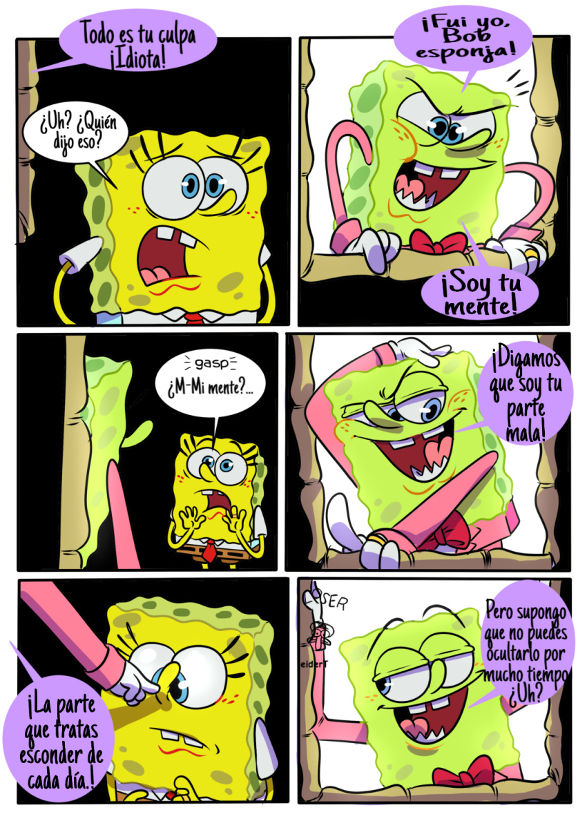 anthro clothed clothing dialogue duo fan_character hi_res male marine nickelodeon on_model pancaketiffy sea_sponge spanish_text speech_bubble spongebob_squarepants spongebob_squarepants_(character) suit text toony