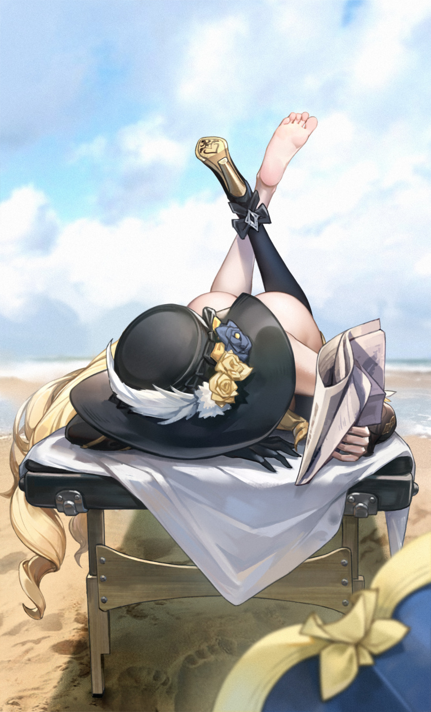 1girl ass black_headwear blonde_hair blue_sky cloud commentary_request day flower genshin_impact hat hat_flower high_heels highres le_(huanglongen) long_hair navia_(genshin_impact) rose sand shoes single_shoe sky solo very_long_hair yellow_flower yellow_rose