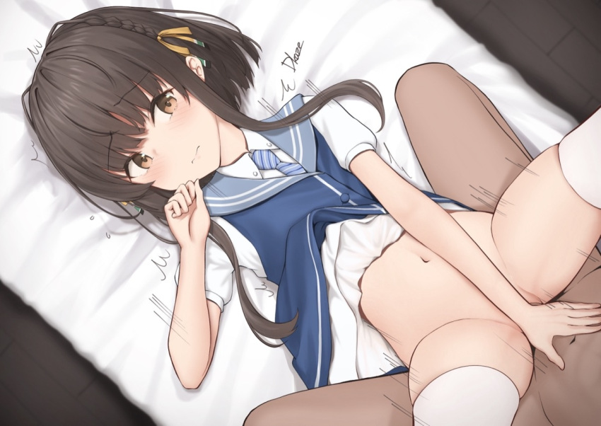 1boy 1girl blue_dress blue_necktie blush brown_eyes brown_hair closed_mouth dark-skinned_male dark_skin dress driftkingtw floor hetero kantai_collection navel necktie sex short_hair_with_long_locks short_sleeves sidelocks signature thighhighs two-tone_dress ukuru_(kancolle) white_dress white_thighhighs