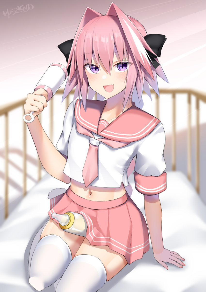 1boy astolfo_(fate) astolfo_(sailor_paladin)_(fate) baby_bottle between_legs blush bottle braid braided_ponytail fang fate/apocrypha fate_(series) highres holding_rattle kitajima_yuuki long_hair looking_at_viewer navel necktie otoko_no_ko pink_hair pink_necktie pink_sailor_collar pink_skirt ponytail purple_eyes sailor_collar shirt skin_fang skirt smile solo thighhighs white_hair white_shirt white_thighhighs