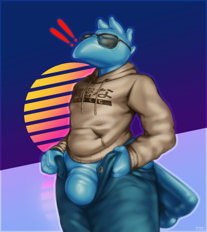 anthro avian bird blue_body blue_skin clothing eyeless_face hi_res hoodie latex latex_body male mouthless null null_bulge presenting_nullge sokafuzz solo surprise topwear undressing_self