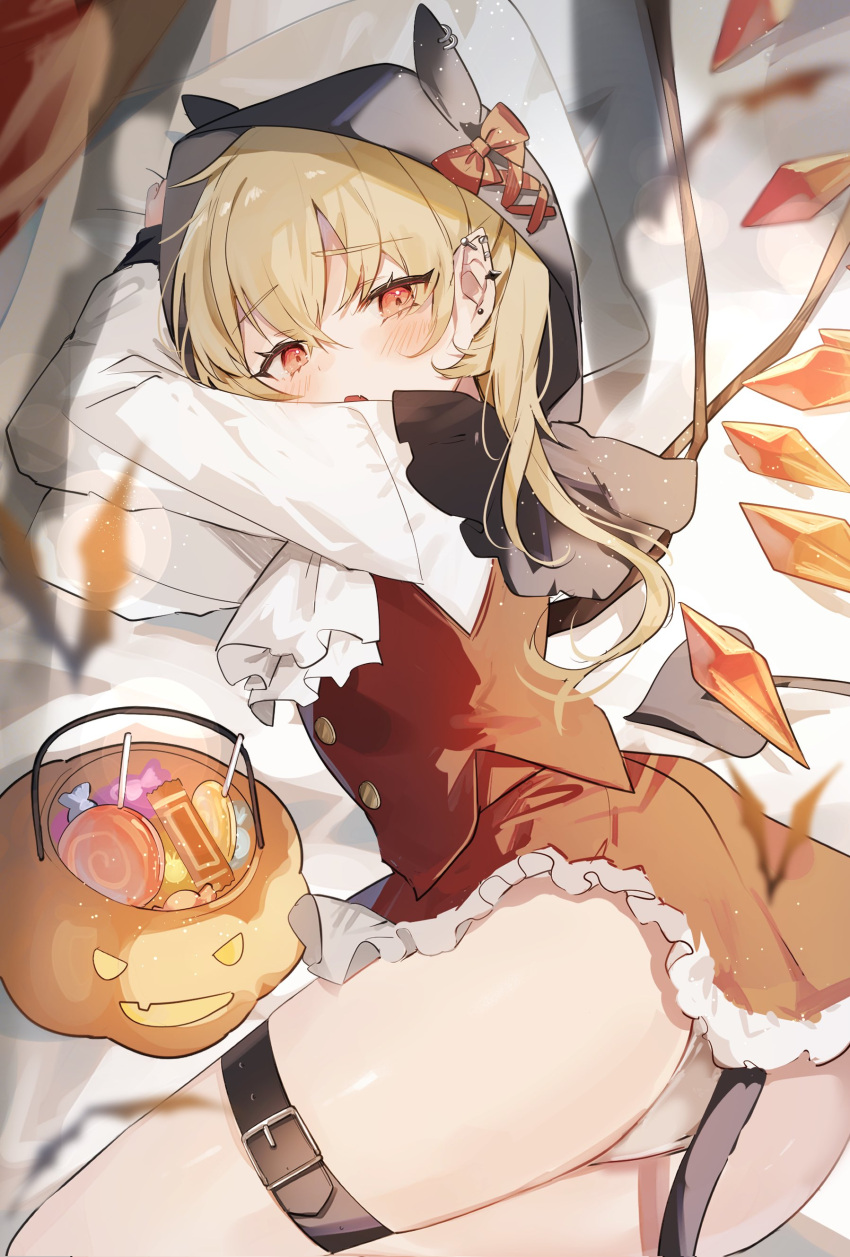 1girl absurdres adapted_costume animal_ear_hood ascot ass black_hood blonde_hair bowl_of_candy candy crystal_wings demon_tail ear_piercing english_commentary flandre_scarlet food frilled_skirt frills halloween_costume highres jack-o'-lantern lollipop long_hair long_sleeves looking_at_viewer lying on_bed on_side one_side_up open_mouth panties piercing pillow red_eyes red_skirt red_vest shirt skirt solo sorani_(kaeru0768) tail thigh_strap touhou underwear vest white_ascot white_panties white_shirt