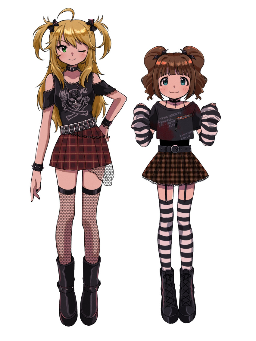 2girls ahoge arm_warmers belt black_footwear blonde_hair bracelet brown_hair chain choker cross cross_choker emo_fashion fishnet_thighhighs fishnets full_body green_eyes hand_on_hip highres hoshii_miki idolmaster idolmaster_(classic) jewelry long_hair miniskirt multiple_girls naruse_ill one_eye_closed skirt smile spiked_bracelet spikes striped striped_thighhighs studded_belt takatsuki_yayoi thighhighs twintails two_side_up white_background