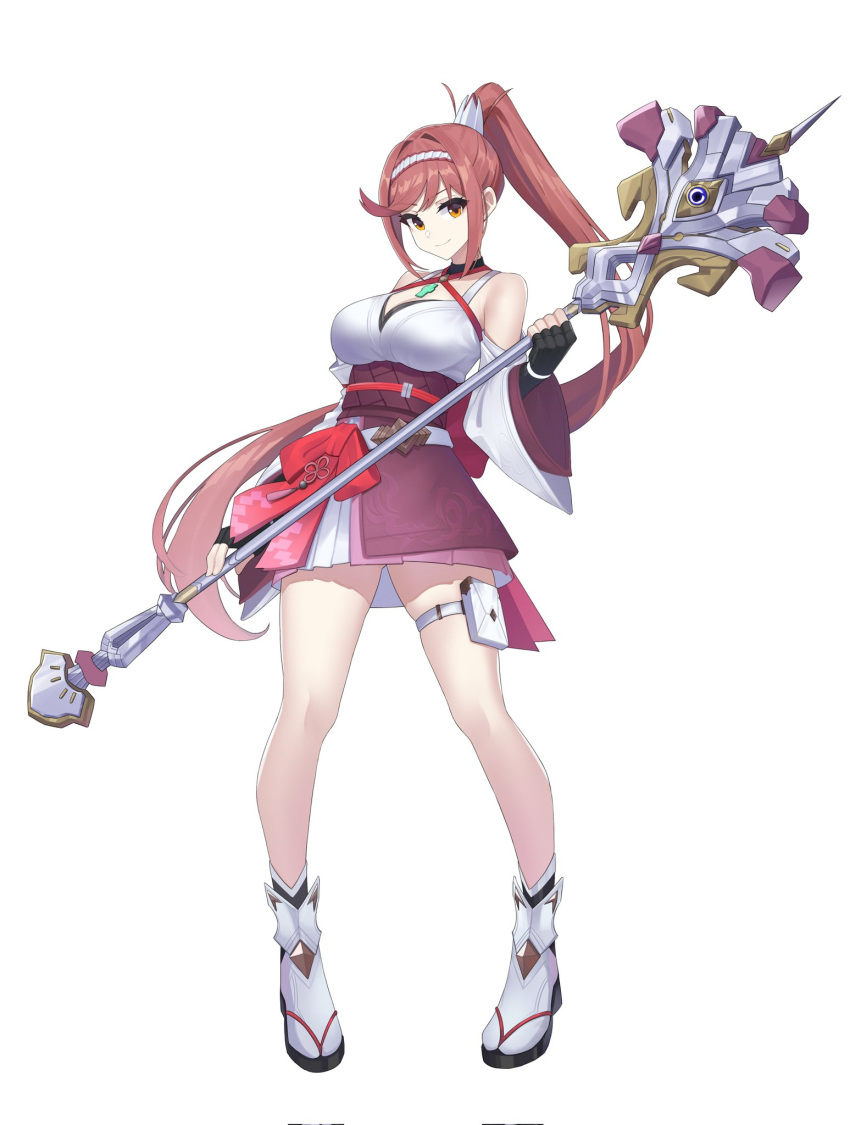 1girl bare_shoulders breasts chest_jewel cleavage core_crystal_(xenoblade) detached_sleeves fingerless_gloves glimmer_(xenoblade) gloves halterneck high_ponytail highres japanese_clothes kimono large_breasts long_hair looking_at_viewer nottme ponytail red_hair simple_background solo swept_bangs white_kimono xenoblade_chronicles_(series) xenoblade_chronicles_3 xenoblade_chronicles_3:_future_redeemed yellow_eyes