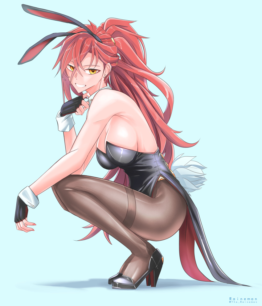 1girl absurdres animal_ears armpits ass black_leotard blue_background detached_collar english_commentary fake_animal_ears fake_tail fingerless_gloves gloves highres legs leotard original pantyhose playboy_bunny rabbit_ears rabbit_tail red_hair solo squatting strapless strapless_leotard tail the_raineman wrist_cuffs yellow_eyes
