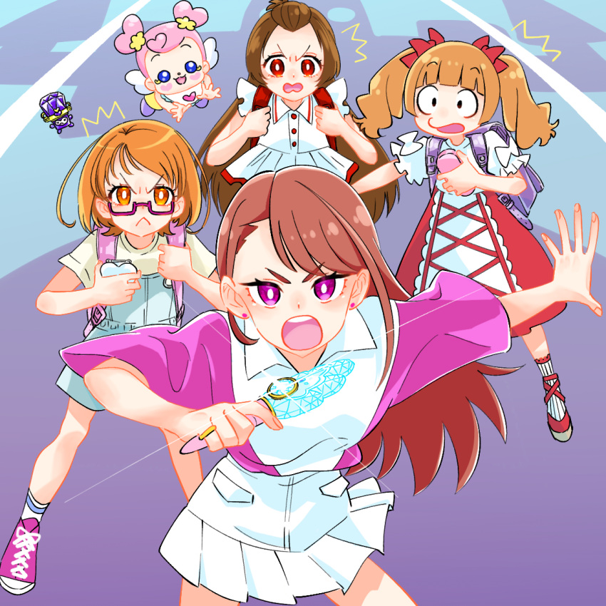 5girls ^^^ ai-chan_(dokidoki!_precure) aisaki_emiru asymmetrical_bangs backpack bag bob_cut bow bright_pupils brown_hair collared_shirt commentary constricted_pupils diffraction_spikes dodory dokidoki!_precure dress earrings fairy_tone floating frilled_sleeves frills frown glaring hair_bow hair_pulled_back hijiri_ageha hirogaru_sky!_precure holding hugtto!_precure in-franchise_crossover jewelry long_hair looking_at_another looking_at_viewer madoka_aguri medium_hair miniskirt mirage_pen monster_rally multiple_girls open_mouth orange_eyes orange_hair overalls pink_footwear pink_shirt pleated_skirt precure purple-framed_eyewear purple_eyes randoseru red_bow red_dress red_eyes ring semi-rimless_eyewear series_connection shirabe_ako shirt shoes short_hair short_sleeves skirt sneakers socks solid_oval_eyes standing suite_precure t-shirt twintails under-rim_eyewear v-shaped_eyebrows white_overalls white_pupils white_shirt white_skirt white_socks