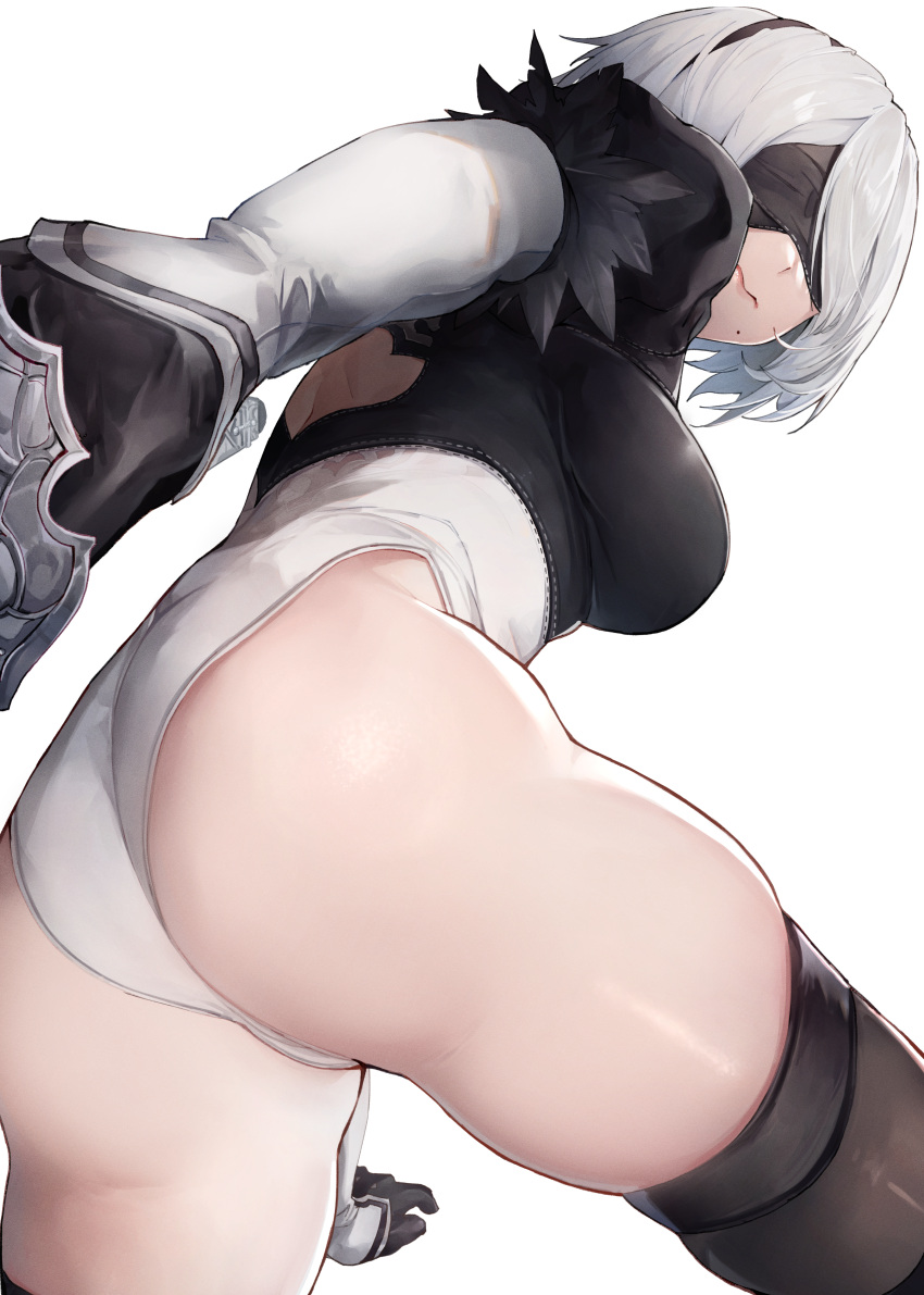 1girl 2b_(nier:automata) absurdres ass back_cutout black_gloves black_hairband blindfold breasts clothing_cutout feather-trimmed_sleeves gloves hairband highres juliet_sleeves katana large_breasts leotard long_sleeves megu_(pixiv9460065) mole mole_under_mouth nier:automata nier_(series) puffy_sleeves short_hair solo swept_bangs sword thighhighs thighs virtuous_contract weapon white_hair white_leotard