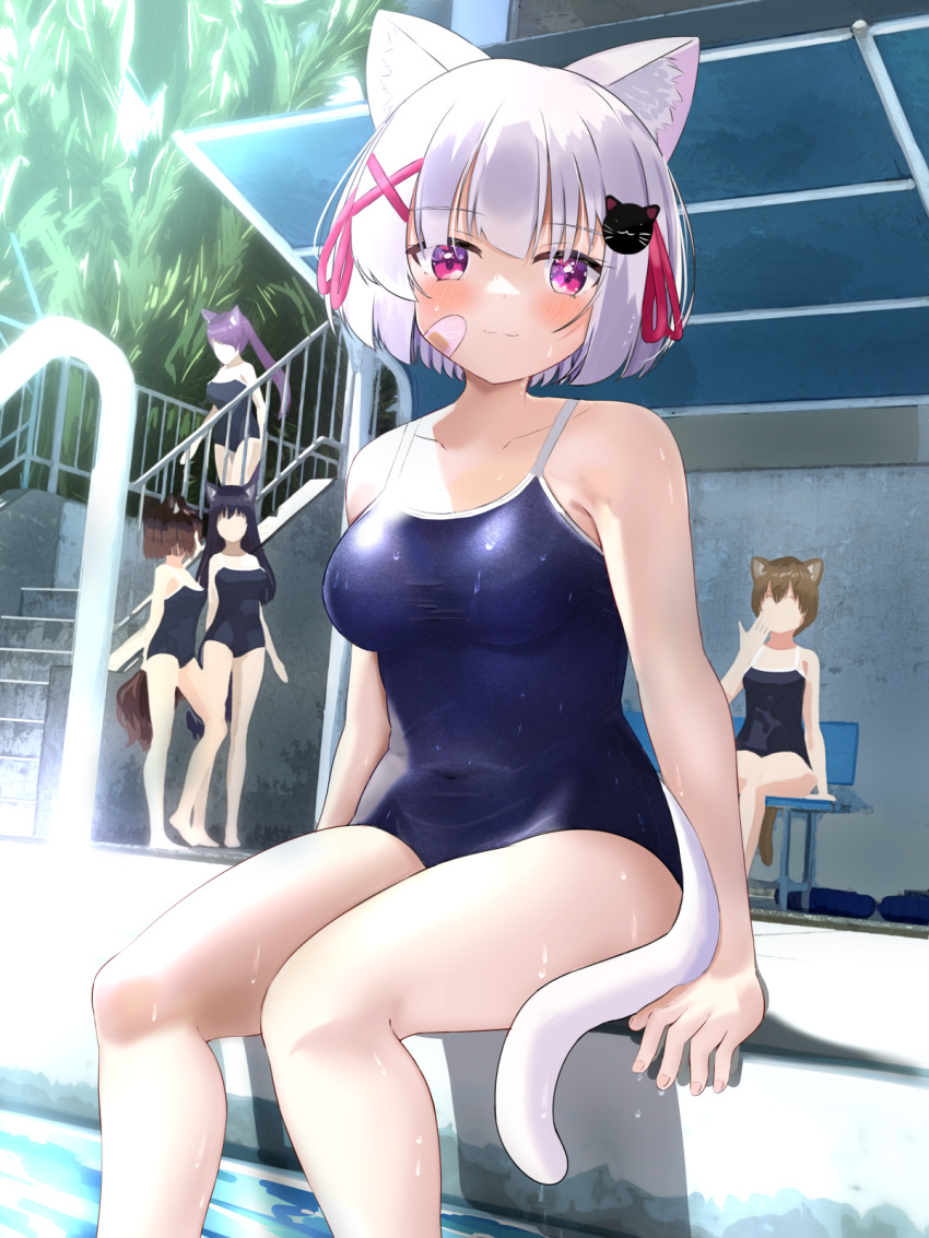 5girls animal_ear_fluff animal_ears ashitaba_kemo bandaid bandaid_on_cheek bandaid_on_face bare_arms bare_shoulders black_hair blue_one-piece_swimsuit blush breasts brown_hair cat_ears cat_girl cat_hair_ornament cat_tail closed_mouth collarbone commentary_request covered_navel day faceless faceless_female feet_out_of_frame grey_hair hair_ornament hair_ribbon hairclip highres medium_breasts multiple_girls one-piece_swimsuit original outdoors ponytail purple_eyes purple_hair railing red_ribbon ribbon school_swimsuit short_hair sitting smile stairs stone_stairs swimsuit tail x_hair_ornament