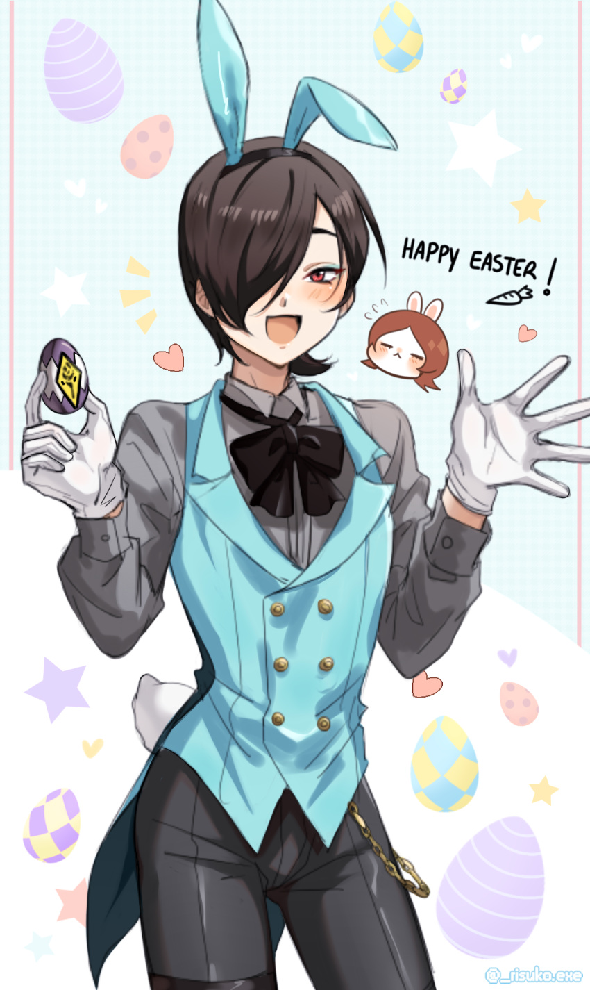 1boy animal_ears bishounen black_bow black_hair black_pants blue_eyeshadow blue_vest blush bow easter_egg egg eyeshadow fake_animal_ears fake_tail gloves grey_shirt hair_over_one_eye happy_easter heart highres holding holding_egg kurosu_jun long_sleeves looking_at_viewer makeup male_focus open_mouth pants persona persona_2 rabbit_ears rabbit_tail red_eyes risuko.exe_(artist) shirt short_hair shout_lines simple_background smile solo suou_tatsuya tail vest waistcoat wallet_chain white_gloves