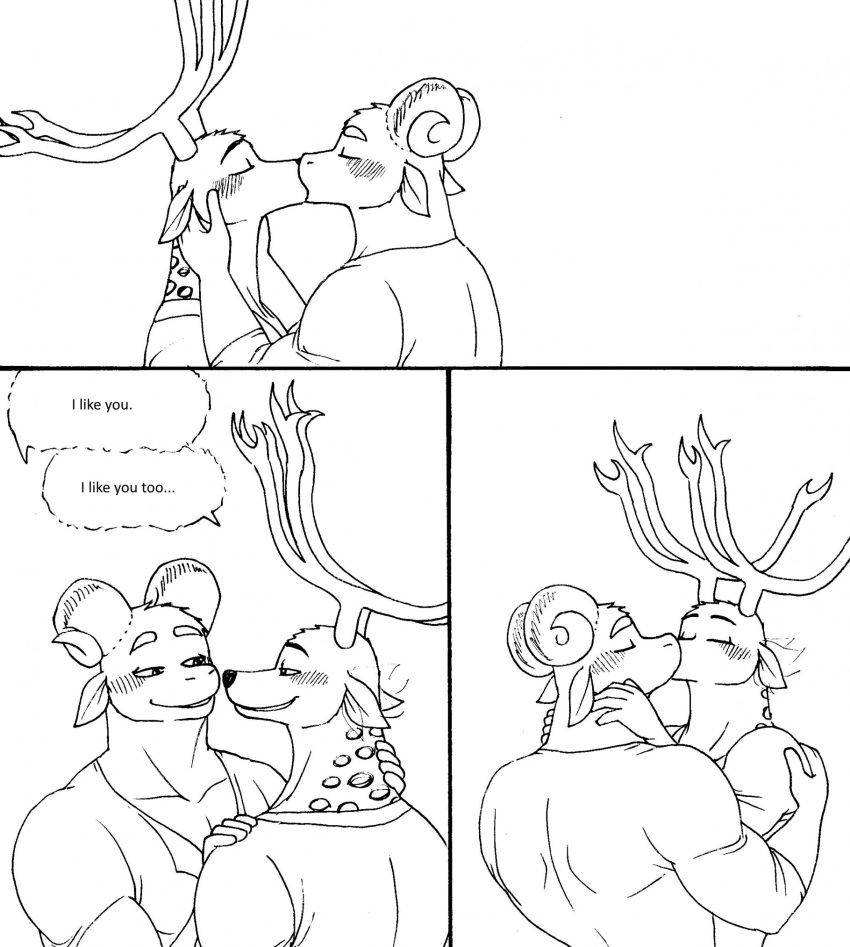 2023 5_fingers anthro anthro_on_anthro antlers bernielover bernielover's_college_au blush bovid caprine clothed clothing comic deer devon_(bernielover) dialogue duo english_text eyes_closed fingers fur hand_on_neck hand_on_shoulder hi_res horn humanoid_hands kiss_on_lips kissing male male/male mammal monochrome muscular muscular_anthro muscular_male shirt smile speech_bubble spots spotted_body spotted_fur text topwear whitney_(bernielover)