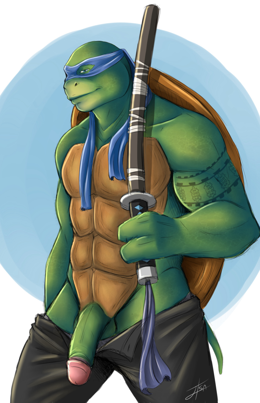 3_fingers anthro bakameganekko balls blue_background blue_eyes bottomwear clothed clothing digital_media_(artwork) fingers genitals green_body green_skin hi_res humanoid humanoid_genitalia humanoid_penis katana leonardo_(tmnt) looking_at_viewer male mask melee_weapon muscular pants penis reptile scalie shell simple_background smile solo sword tail tattoo teenage_mutant_ninja_turtles teenage_mutant_ninja_turtles_(2014) turtle weapon white_background