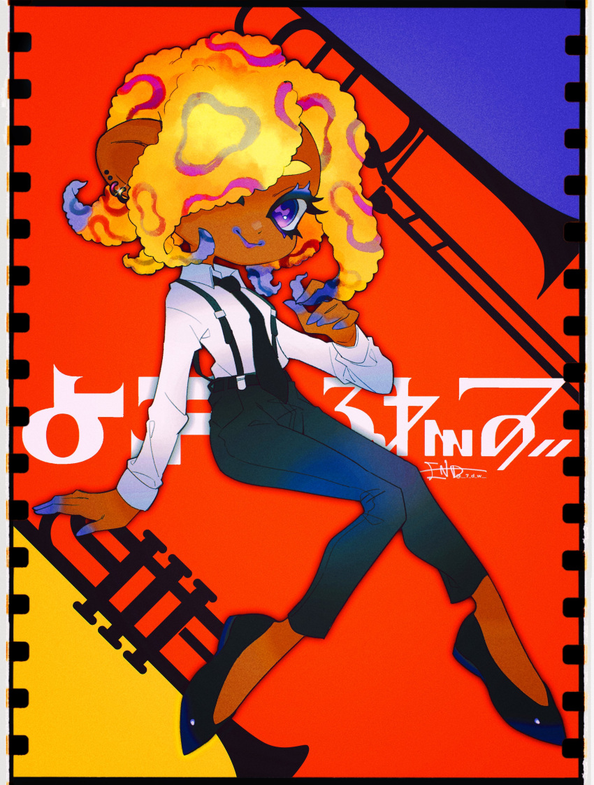 1girl absurdres black_footwear black_pants character_request collared_shirt dark-skinned_female dark_skin end_(7_d_w) highres instrument long_sleeves looking_at_viewer multicolored_background multicolored_hair orange_hair pants purple_eyes shirt shirt_tucked_in shoes smile solo splatoon_(series) splatoon_3 suspenders trombone trumpet white_shirt