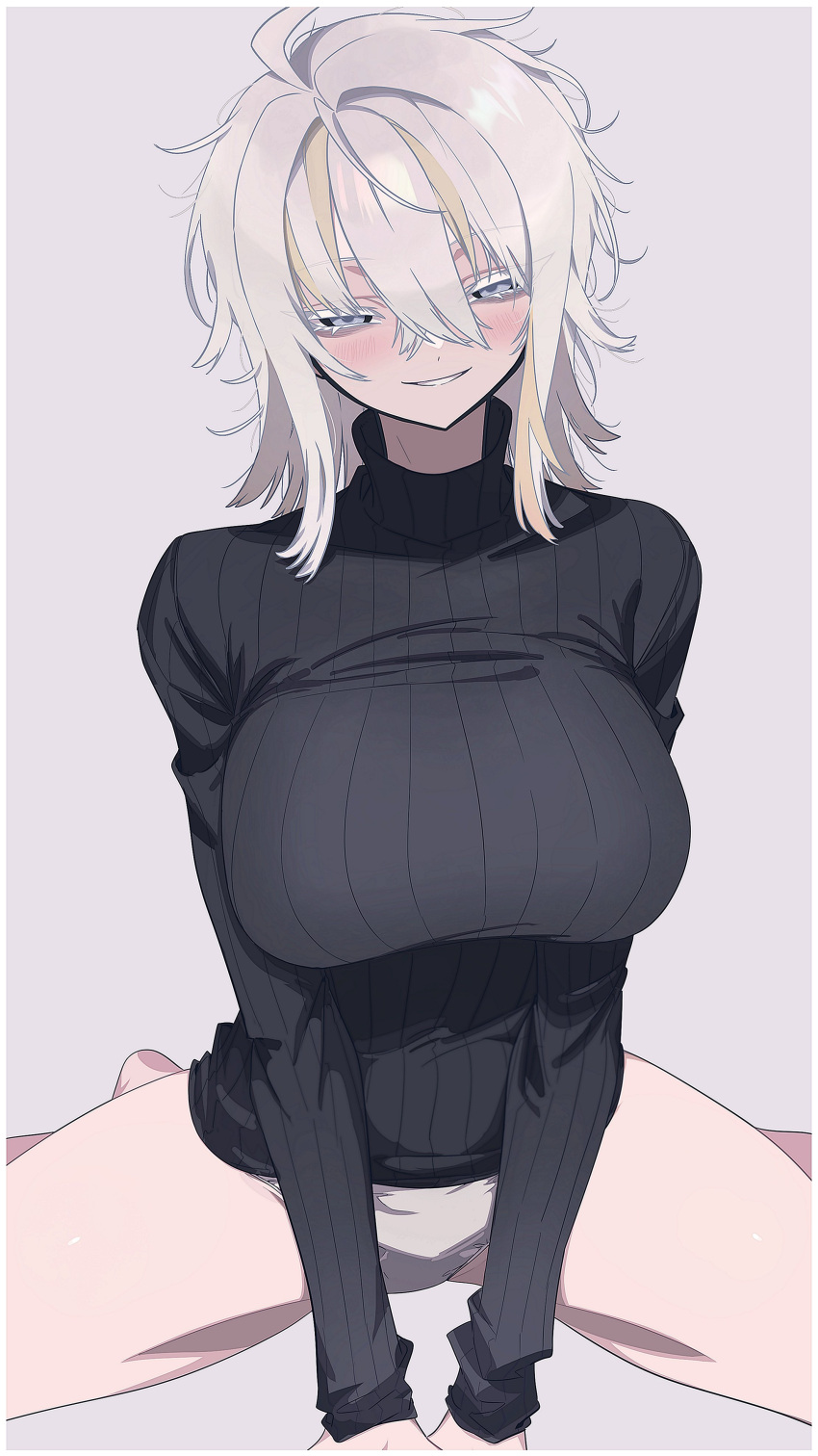 1girl absurdres angellyuna black_sweater blonde_hair blue_eyes blush breasts faust_(limbus_company) highres huge_breasts large_breasts limbus_company looking_at_viewer messy_hair multicolored_hair panties parted_lips project_moon ribbed_sweater sitting smile solo streaked_hair sweater turtleneck turtleneck_sweater underwear wariza white_hair white_panties