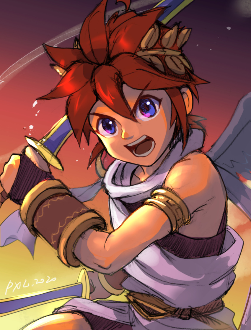 1boy angel angel_wings armlet blue_eyes brown_hair dual_wielding highres holding holding_weapon kid_icarus kid_icarus_uprising laurel_crown looking_at_viewer male_focus open_mouth pit_(kid_icarus) pxl_(pxltw) scarf signature sketch solo v-shaped_eyebrows vambraces weapon wings