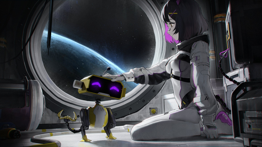 1girl bandaid bandaid_on_face bandaid_on_nose black_hair breasts cable commentary english_commentary highres indie_virtual_youtuber mechanical_tail medium_breasts multicolored_hair planet purple_hair rainhoe robot seiza short_hair sitting solo spacecraft_interior spacesuit tail two-tone_hair vertigris virtual_youtuber yellow_eyes