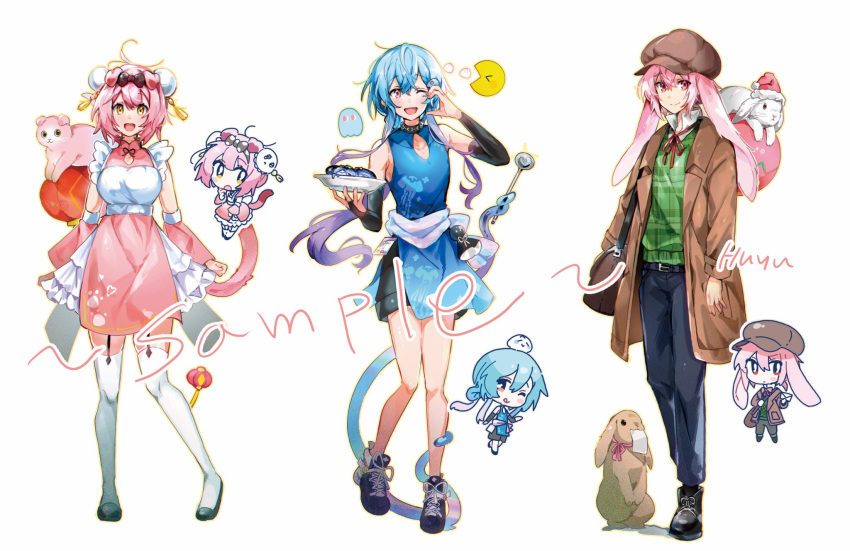 1girl 2boys ahoge alternate_breast_size alternate_costume animal_ears ansel_(arknights) arknights artist_name bag black_footwear black_sleeves blue_dress blue_hair blue_pants breasts brown_bag brown_headwear brown_jacket bun_cover cabbie_hat candy cat_ears cat_girl cat_tail chibi chibi_inset chinese_clothes cleavage_cutout clothing_cutout collared_shirt commentary crossdressing detached_sleeves dress food full_body goldenglow_(arknights) green_sweater half-heart_hands hat highres holding holding_candy holding_food holding_plate inky_(pac-man) jacket large_breasts lollipop long_hair looking_at_viewer lop_rabbit_ears mizuki_(arknights) multiple_boys one_eye_closed open_mouth pac-man pac-man_(game) pants pink_hair pink_skirt plaid plaid_sweater plate purple_hair rabbit rabbit_boy rabbit_ears sample_watermark shirt shoes short_hair short_sleeves skirt smile sneakers sweater symbol-only_commentary tail tentacles thighhighs watermark wed_(lim38869577) white_shirt white_thighhighs yellow_eyes