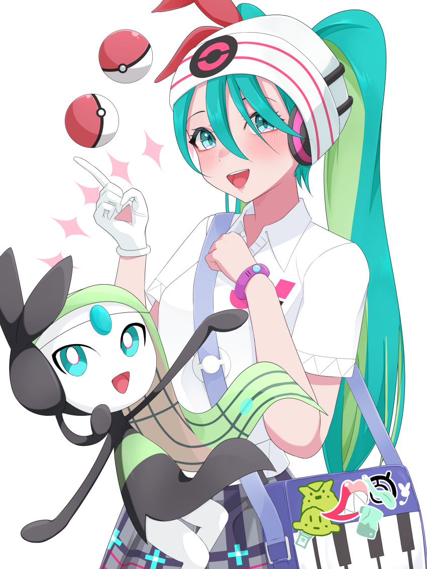 1girl :d absurdres bag beanie blush collared_shirt commentary eyelashes green_eyes green_hair grey_skirt hair_between_eyes hat hatsune_miku highres long_hair meloetta nagi_clip open_mouth poke_ball poke_ball_(basic) pokemon pokemon_(creature) project_voltage shirt short_sleeves shoulder_bag skirt smile sparkle teeth tongue twintails upper_teeth_only vocaloid white_background white_headwear white_shirt