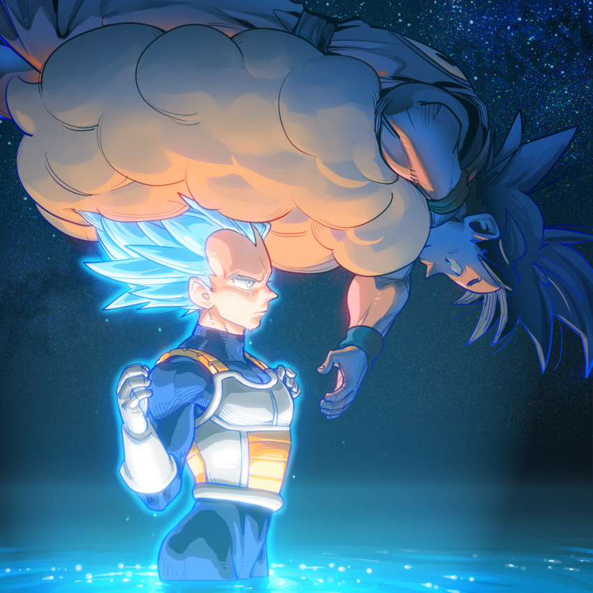 2boys aura blue_bodysuit bodysuit couple crying dragon_ball dragon_ball_z eye_contact feet_out_of_frame forearms glowing glowing_hair hands_up highres looking_at_another lying male_focus multiple_boys muscular muscular_male on_stomach receding_hairline saiyan_armor short_hair sky smile son_goku spiked_hair star_(sky) starry_sky super_saiyan super_saiyan_blue supobi tears thick_eyebrows vegeta wading yaoi