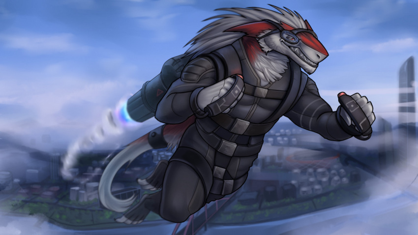 city city_background cloud eyewear flying fur goggles jet_pack male marsel-defender red_body red_fur sergal solo