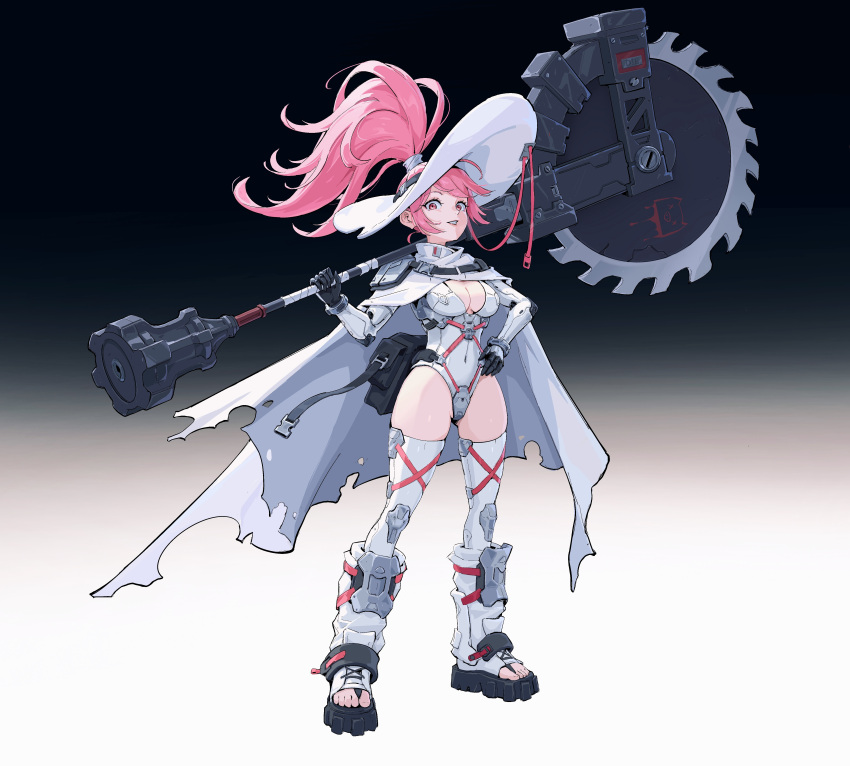 1girl absurdres black_gloves boots circular_saw fantasy gloves hand_on_hip highres holding holding_weapon huge_weapon knee_boots leotard looking_at_viewer original pink_eyes pink_hair sandals saw science_fiction smile solo tagme thighhighs thighhighs_under_boots toeless_footwear weapon wenfei_ye white_headwear
