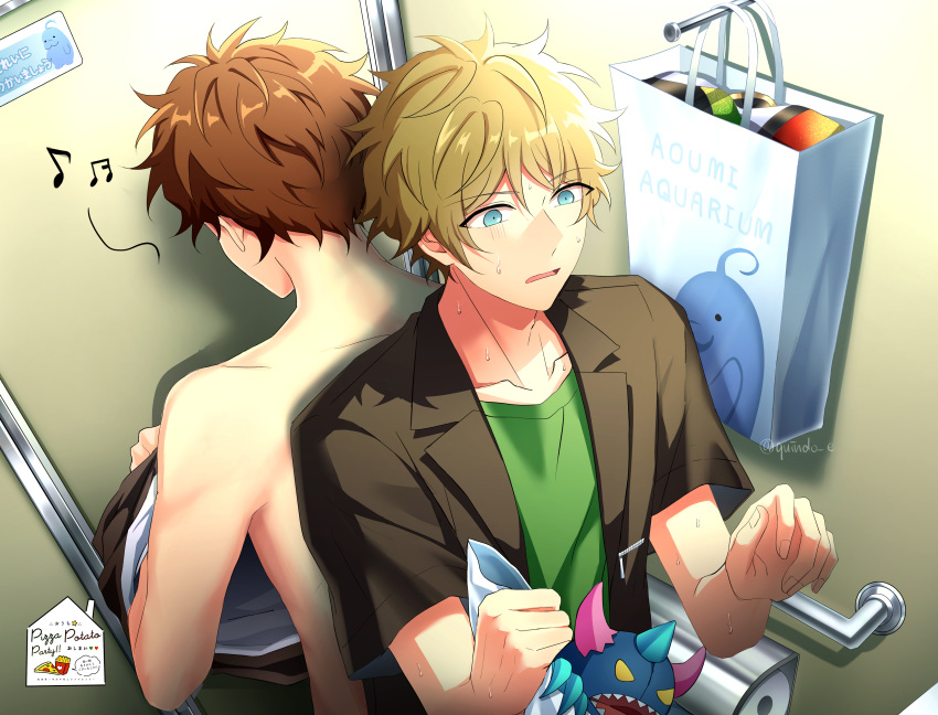 2boys absurdres bag black_jacket blonde_hair blue_eyes brown_hair ensemble_stars! green_shirt highres jacket kindo kindo_(quindo_e) morisawa_chiaki multiple_boys open_mouth shirt short_hair stuffed_animal stuffed_toy takamine_midori toilet_paper topless_male undressing