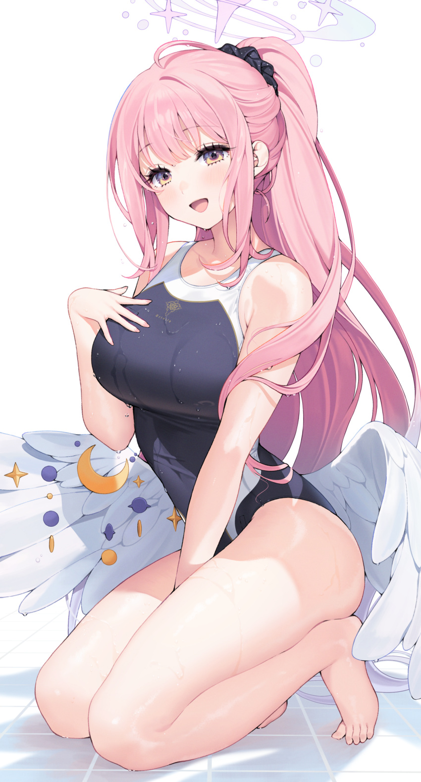 1girl absurdres bare_legs barefoot blue_archive blue_one-piece_swimsuit blush breasts feathered_wings hair_ornament hair_scrunchie halo hand_on_own_chest highres kneeling large_breasts looking_at_viewer mika_(blue_archive) one-piece_swimsuit pink_hair ponytail scrunchie smile solo swimsuit tile_floor tiles toes trinity_general_school_swimsuit water_drop white_wings wings yeije