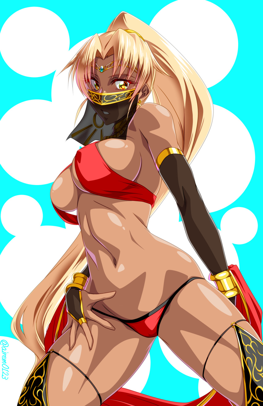 1girl absurdres airem0213 artist_name blonde_hair blue_background bracelet breasts circlet covered_nipples dark-skinned_female dark_skin earrings high_ponytail highres jewelry large_breasts long_hair mouth_veil neck_ring panties parted_lips red_panties sasha_(sennen_sensou_aigis) sennen_sensou_aigis solo tan underwear veil very_long_hair yellow_eyes