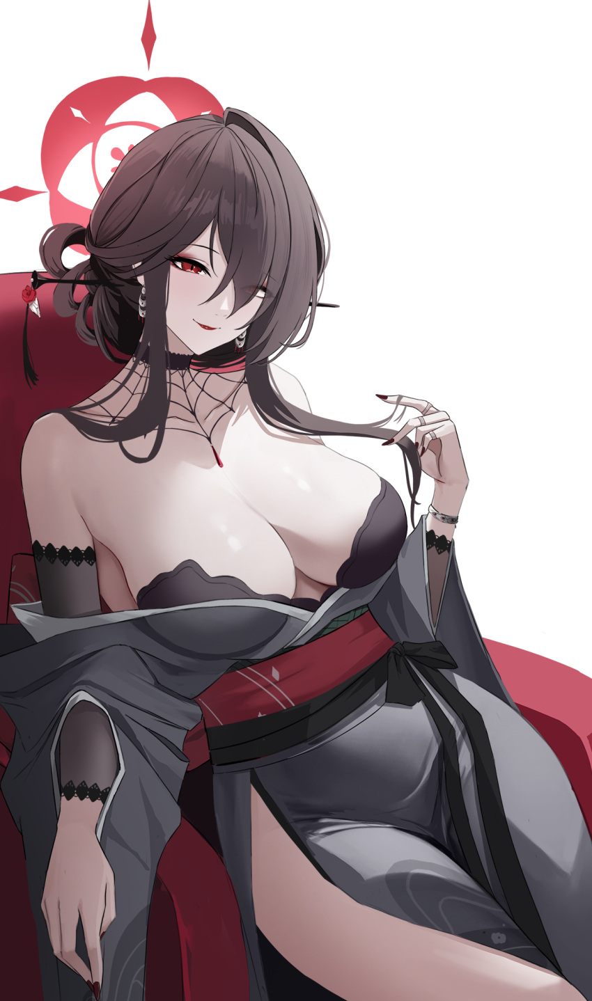 1girl black_choker black_hair black_nails blue_archive breasts choker closed_mouth earrings fingernails grey_kimono hair_ornament hair_stick halo highres japanese_clothes jewelry kimono kokuriko_(blue_archive) large_breasts lips long_hair long_sleeves nail_polish obi red_eyes red_halo sash simple_background sitting smile smitcuk solo white_background wide_sleeves