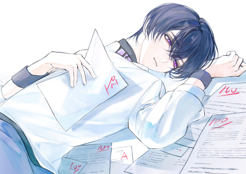 1boy closed_mouth feernze19 highres holding holding_paper long_sleeves lying male_focus marius_von_hagen_(tears_of_themis) on_back paper purple_eyes purple_hair short_hair simple_background solo sweater tears_of_themis white_background white_sweater