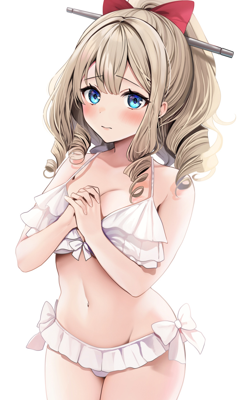 1girl absurdres bikini blue_eyes blush breasts cowboy_shot drill_hair frilled_bikini frilled_bikini_top frills hair_between_eyes hair_ribbon hatakaze_(kancolle) highres kantai_collection large_breasts light_brown_hair long_hair navel own_hands_together ribbon solo stomach swimsuit white_background white_bikini yunamaro