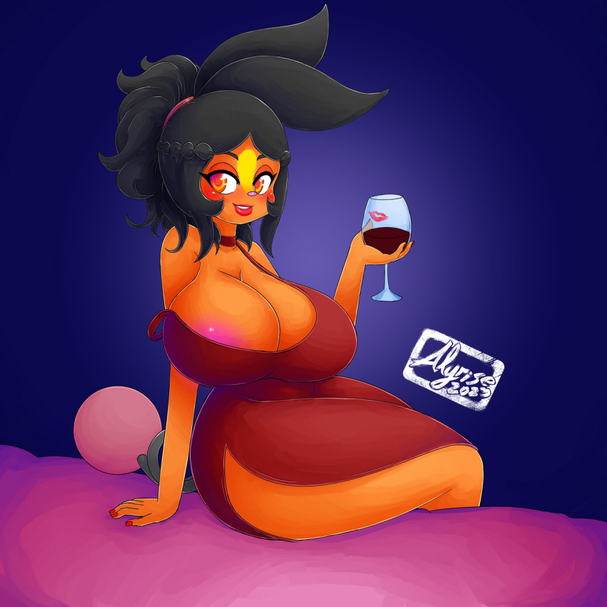 2023 accessory alcohol alyrise anthro areola areola_slip bed bedroom_eyes beverage big_breasts black_hair blush breasts caramel_(basketgardevoir) choker cleavage clothed clothing cocktail_dress colored_nails container cup curvy_figure dress drinking_glass eyelashes facial_markings female forehead_markings furniture generation_5_pokemon glass glass_container glass_cup hair hair_accessory hairband head_markings hi_res holding_wine_glass jewelry kiss_mark lips lipstick long_ears looking_at_viewer makeup mammal markings nails narrowed_eyes necklace nintendo off_shoulder on_bed orange_body orange_eyes orange_skin pink_areola pokemon pokemon_(species) pokemorph ponytail seductive simple_background sitting sitting_on_bed smile solo suina tepig wardrobe_malfunction wine wine_glass