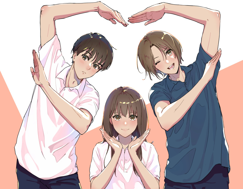 1girl 2boys absurdres arms_up black_pants blue_shirt blush brown_eyes brown_hair heart_arms_trio highres long_hair macaronk multiple_boys one_eye_closed original pants shirt short_sleeves simple_background two-tone_background white_shirt