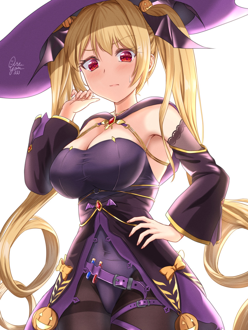 1girl are_you_333 azur_lane bat_hair_ornament belt black_pantyhose black_ribbon blonde_hair blush breasts cape cleavage food-themed_hair_ornament gem hair_ornament hair_ribbon halloween halloween_costume hat highres jack-o'-lantern jack-o'-lantern_hair_ornament large_breasts leotard long_hair looking_at_viewer nelson_(azur_lane) nelson_(luna_witch)_(azur_lane) official_alternate_costume pantyhose potion pumpkin_hair_ornament purple_leotard red_eyes red_gemstone ribbon smile solo taut_leotard thighband_pantyhose twintails very_long_hair witch_hat