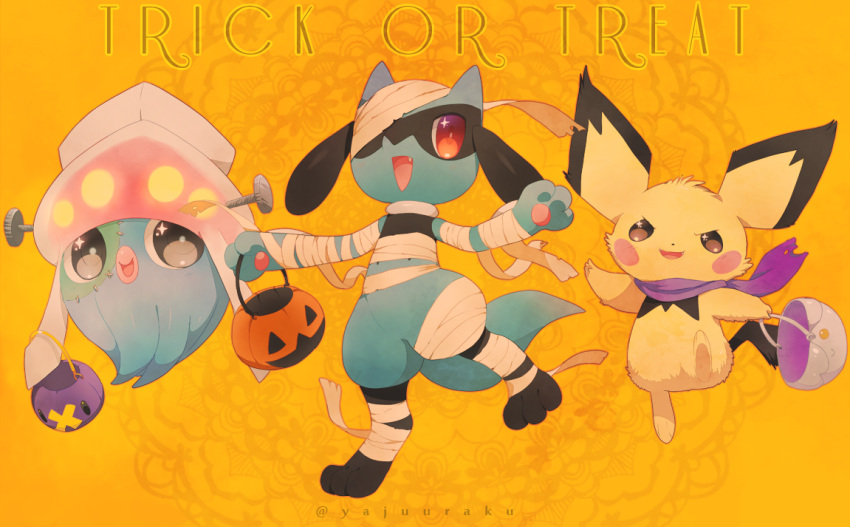 :d bandages blush_stickers brown_eyes commentary fang halloween halloween_bucket happy holding inkay no_humans open_mouth pichu pokemon pokemon_(creature) purple_scarf riolu scarf smile sparkling_eyes trick_or_treat yajuuraku