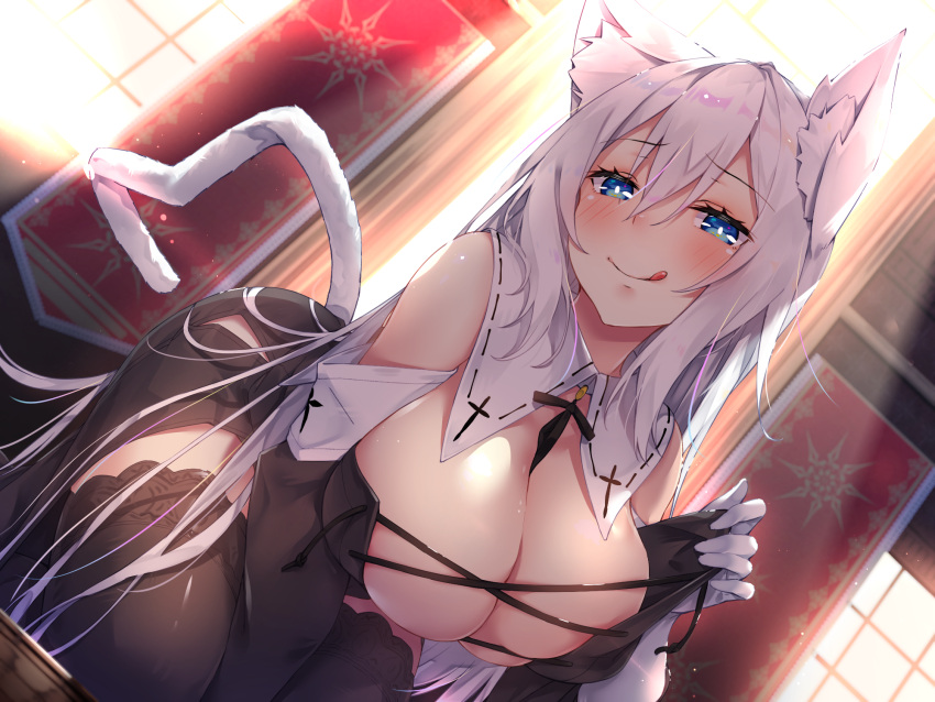 1girl animal_ears between_legs black_dress black_thighhighs blue_eyes blush breasts cat_ears cat_girl cat_tail cleavage closed_mouth cross detached_collar detached_sleeves dress gloves grey_hair habit hand_between_legs highres indoors kneeling large_breasts licking_lips long_hair looking_at_viewer non-web_source nun original rozea_(graphmelt) skindentation smile solo tail thighhighs tongue tongue_out white_gloves window