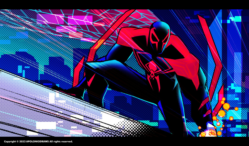 1boy absurdres animal_print apoloniodraws arm_blade blue_bodysuit blue_mask bodysuit broad_shoulders glowing_bodysuit highres male_focus marvel miguel_o'hara muscular muscular_male pectorals print_bodysuit red_bodysuit skin_tight solo spider-man:_across_the_spider-verse spider-man_(2099) spider-man_(series) spider_print superhero two-tone_bodysuit weapon