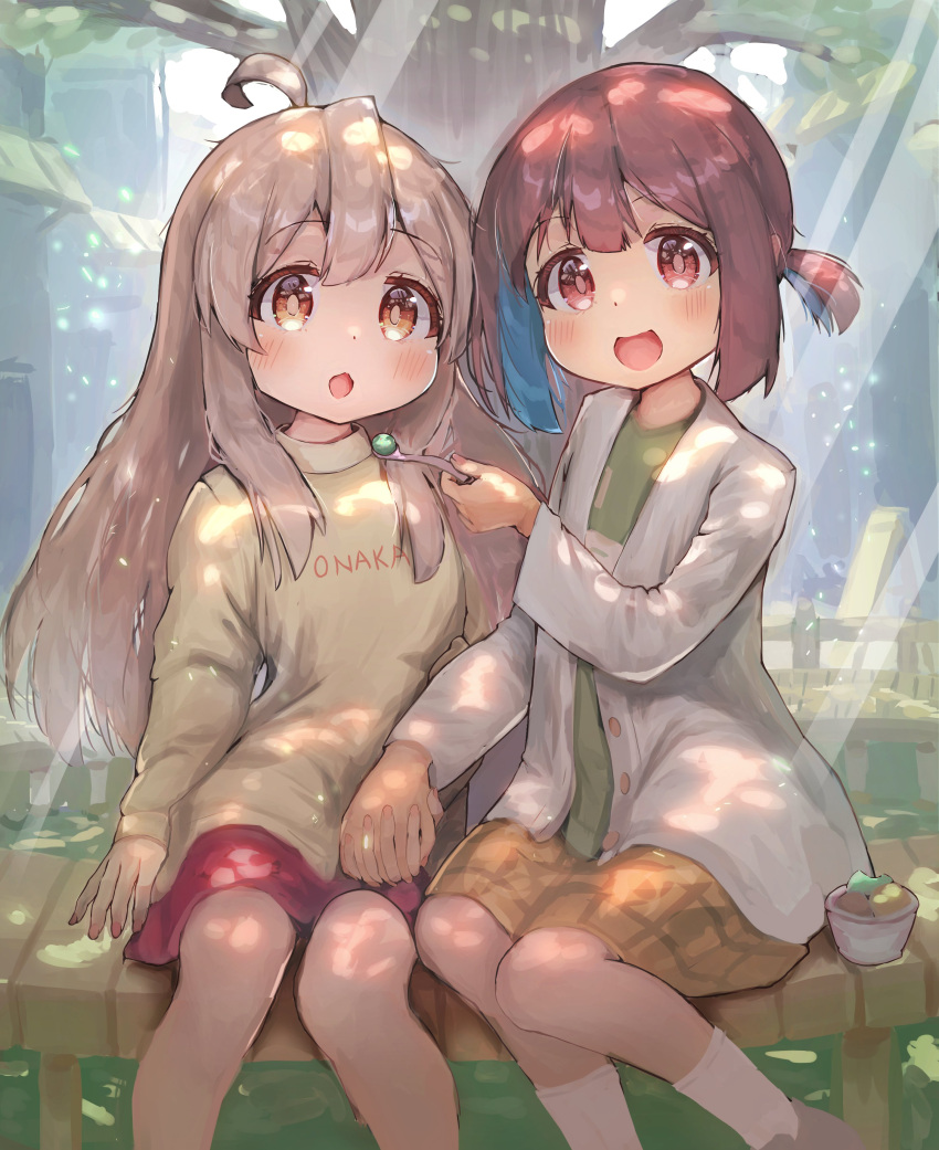 2girls absurdres ahoge blue_hair blush colored_inner_hair commentary feet_out_of_frame food green_shirt grey_hair highres holding holding_hands holding_spoon ice_cream interlocked_fingers jacket long_hair long_sleeves looking_at_viewer medium_skirt mint_chocolate multicolored_hair multiple_girls one_side_up onii-chan_wa_oshimai! open_mouth outdoors oyama_mahiro oyama_mihari pink_eyes pink_skirt plaid plaid_skirt red_hair shirt short_hair sitting skirt socks spoon sweater symbol-only_commentary wasabiyoukan white_jacket white_socks yellow_eyes yellow_skirt yellow_sweater