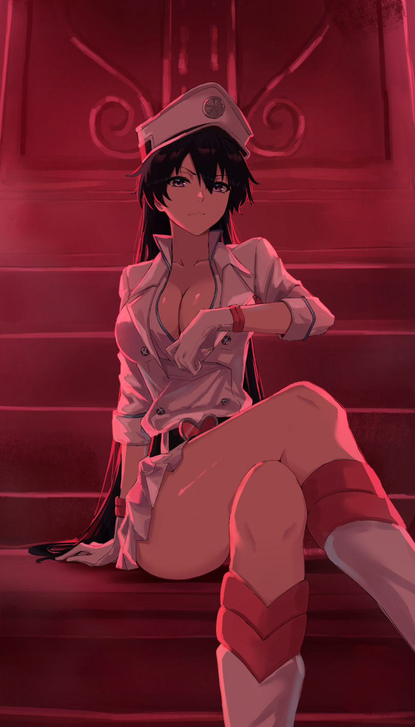 1girl absurdres bambietta_basterbine black_eyes black_hair bleach bleach:_the_thousand-year_blood_war boots breasts channyy19 cleavage closed_mouth collared_jacket commentary crossed_legs feet_out_of_frame gloves hair_between_eyes hat heart_belt highres indoors jacket knee_boots large_breasts long_hair looking_at_viewer military_hat military_jacket military_uniform miniskirt peaked_cap pleated_skirt presenting_breasts quincy red_background sitting sitting_on_stairs skirt solo stairs sternritter straight_hair thighs uniform very_long_hair wandenreich_uniform white_footwear white_gloves white_headwear white_jacket white_skirt