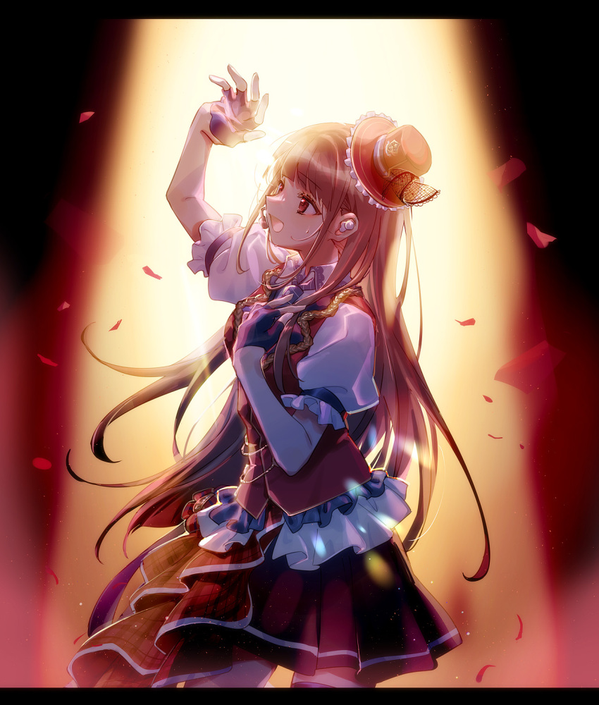 1girl arm_up blunt_bangs brown_eyes brown_hair chase!_(love_live!) commentary cosplay fingerless_gloves flower gloves hat highres kusunoki_tomori long_hair love_live! love_live!_nijigasaki_high_school_idol_club microphone music nonenannn petals red_flower red_rose rose rose_petals sidelocks singing solo upper_body voice_actor voice_actor_connection yuuki_setsuna_(love_live!) yuuki_setsuna_(love_live!)_(cosplay)