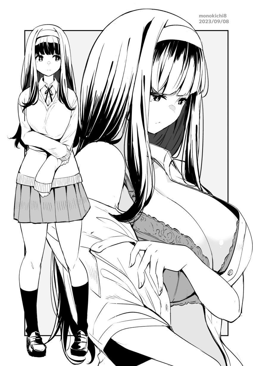 1girl artist_name bra breasts cardigan cleavage closed_mouth commentary_request dated greyscale hairband highres kichihachi large_breasts loafers long_hair long_sleeves mole mole_under_eye monochrome multiple_views original shirt shoes skirt socks standing two-tone_background underwear