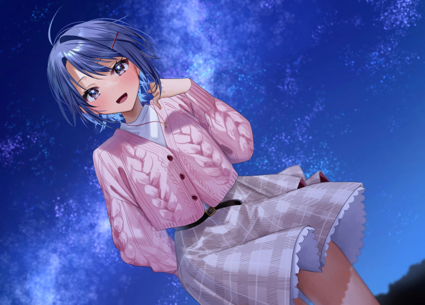 1girl ahoge belt belt_buckle black_belt blue_hair blurry blurry_background blush buckle buttons cable_knit cardigan chigusa_minori commentary_request cowboy_shot depth_of_field grey_skirt hair_ornament hairclip heart heart_necklace highres himeno_akira jewelry jitsuha_imouto_deshita. long_sleeves looking_at_viewer necklace open_mouth outdoors pink_cardigan plaid plaid_skirt purple_eyes shirt short_hair sidelocks skirt sky smile solo star_(sky) starry_sky white_shirt