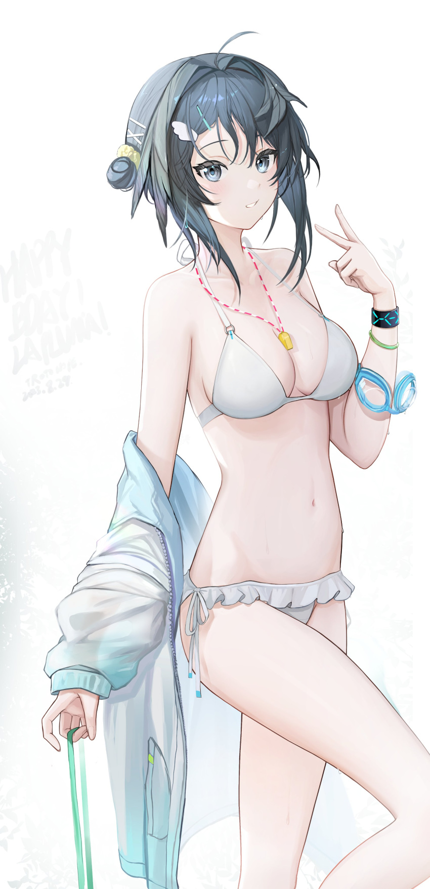 1girl absurdres ahoge arknights bare_shoulders bikini commentary_request feet_out_of_frame grey_eyes grey_hair grin hair_intakes hair_ornament hairclip hand_up highres jacket la_pluma_(arknights) la_pluma_(summer_flowers)_(arknights) long_sleeves looking_at_viewer navel nopetroto short_hair side-tie_bikini_bottom smile solo standing stomach swimsuit thighs v white_background white_bikini white_jacket