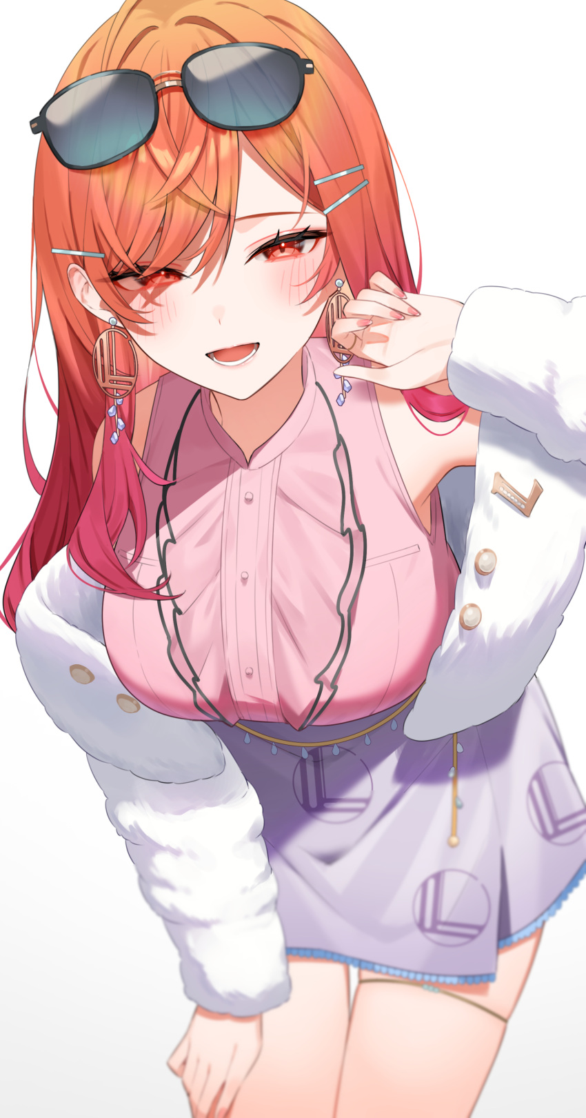 1girl absurdres bare_shoulders black-framed_eyewear blurry blush center_frills commentary crossed_bangs depth_of_field eyewear_on_head fingernails frills fur-trimmed_jacket fur_trim gradient_hair gukurosawa01 hand_on_own_knee hand_up highres hololive hololive_dev_is ichijou_ririka jacket leaning_forward long_sleeves looking_at_viewer lower_teeth_only miniskirt multicolored_hair open_clothes open_jacket open_mouth orange_hair parted_bangs parted_lips pink_shirt purple_skirt red_eyes red_hair round_teeth shirt simple_background skirt sleeveless sleeveless_shirt smile solo sunglasses teeth virtual_youtuber white_background white_jacket