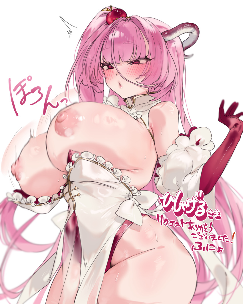 1girl absurdres bare_shoulders blush breasts elbow_gloves funyo_(masa) gloves groin hair_ornament highres horns indie_virtual_youtuber large_breasts long_hair natsume_minori_(vtuber) nipples parted_lips pink_eyes pink_gloves pink_hair side_ponytail simple_background single_horn solo sweat very_long_hair virtual_youtuber white_background